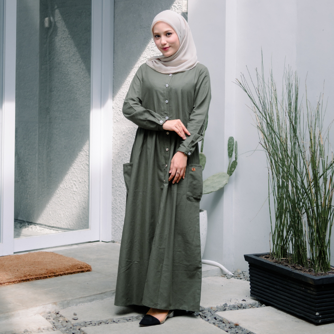 Gamis Polos Dress Wanita Kekinian Lengan Panjang Full Kancing Depan Size M L XL XXL Matt Rami HQ