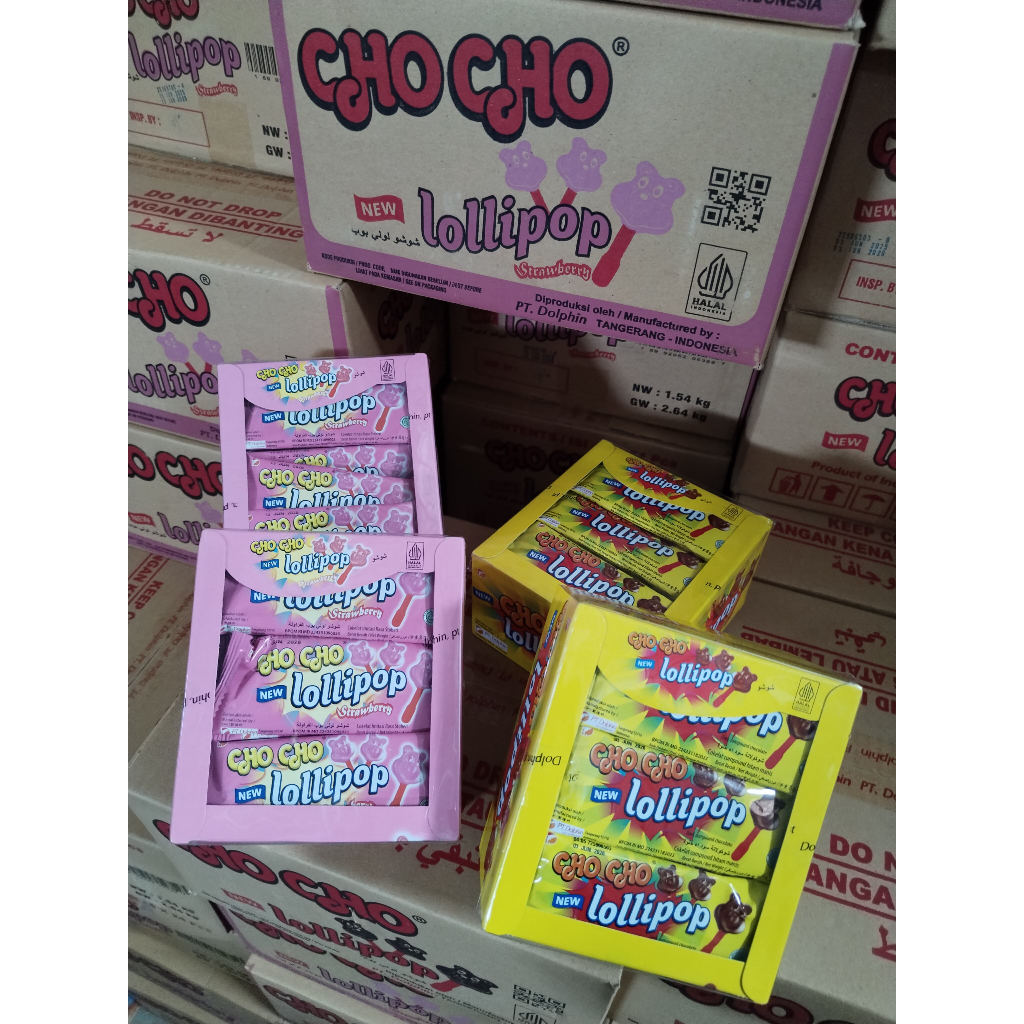

Cho Cho Lollipop Box - Chocolate - Strawberry - Stick (1 KARTON ISI 8 BOX) - KARTONAN