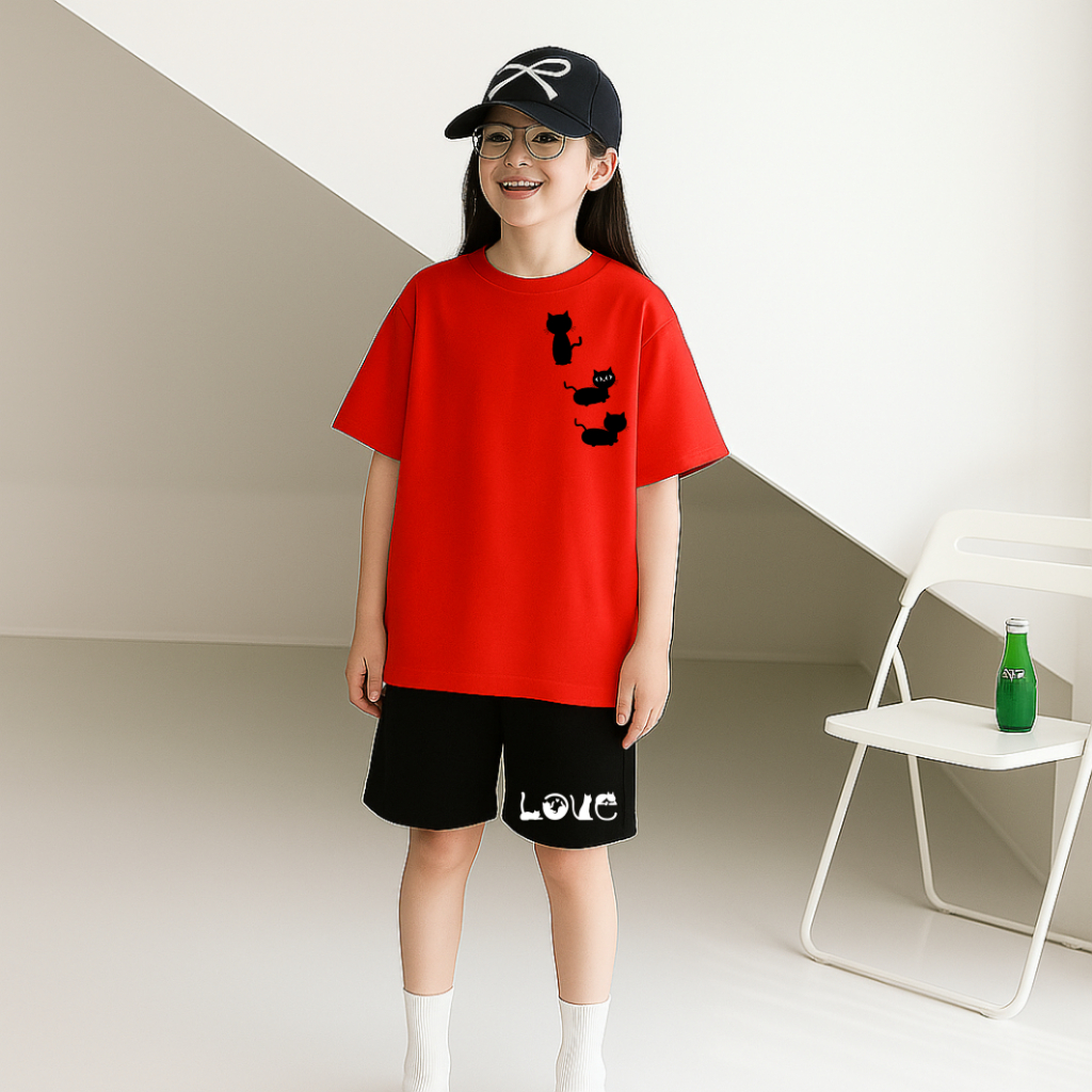 setelan baju anak perempuan meow meow - one set atasan dan celana kucing love