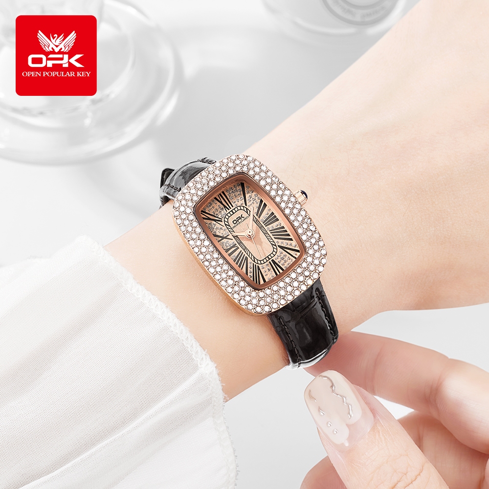 Best Seller Opk Jam Tangan Wanita Original Anti Air Kulit Berlian Segi Empat Branded Cewek Kuarsa