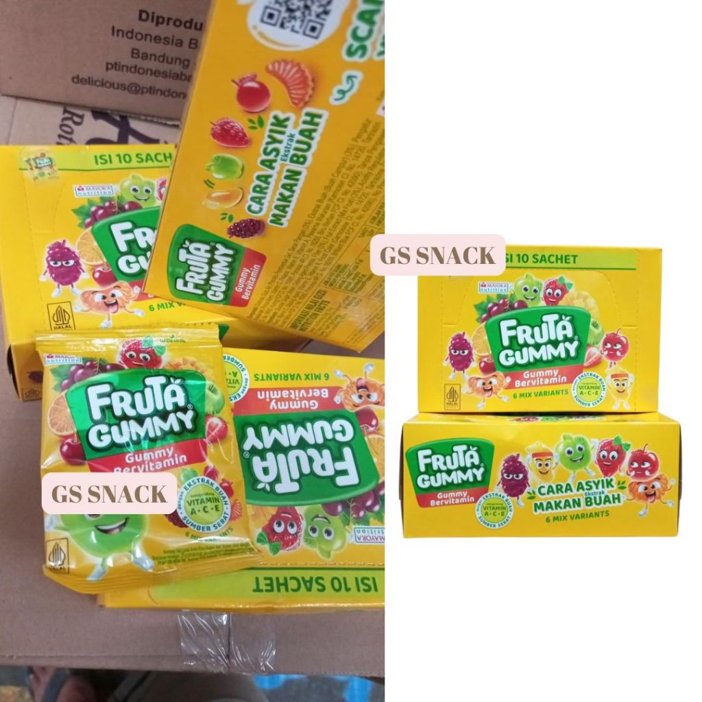

1 BOX PERMEN GUMMY FRUTA KUNING PERMEN VITAMIN ENAK KENYAL MANIS ISI 10 PCS