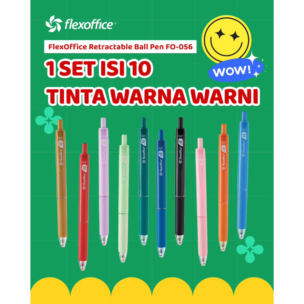 

FLEXOFFICE RETRACTABLE BALL PEN FO-056 0.7mm 10pcs 1 set Variasi Warna nulis nyaman anti belepotan