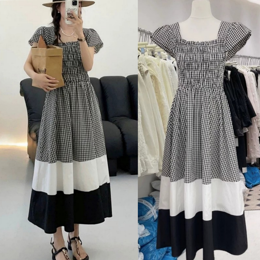 FWG Dress Kotak Korean Style Dress Merah Putih Lengan Pendek Motif Panjang Long Dress Felili Dress