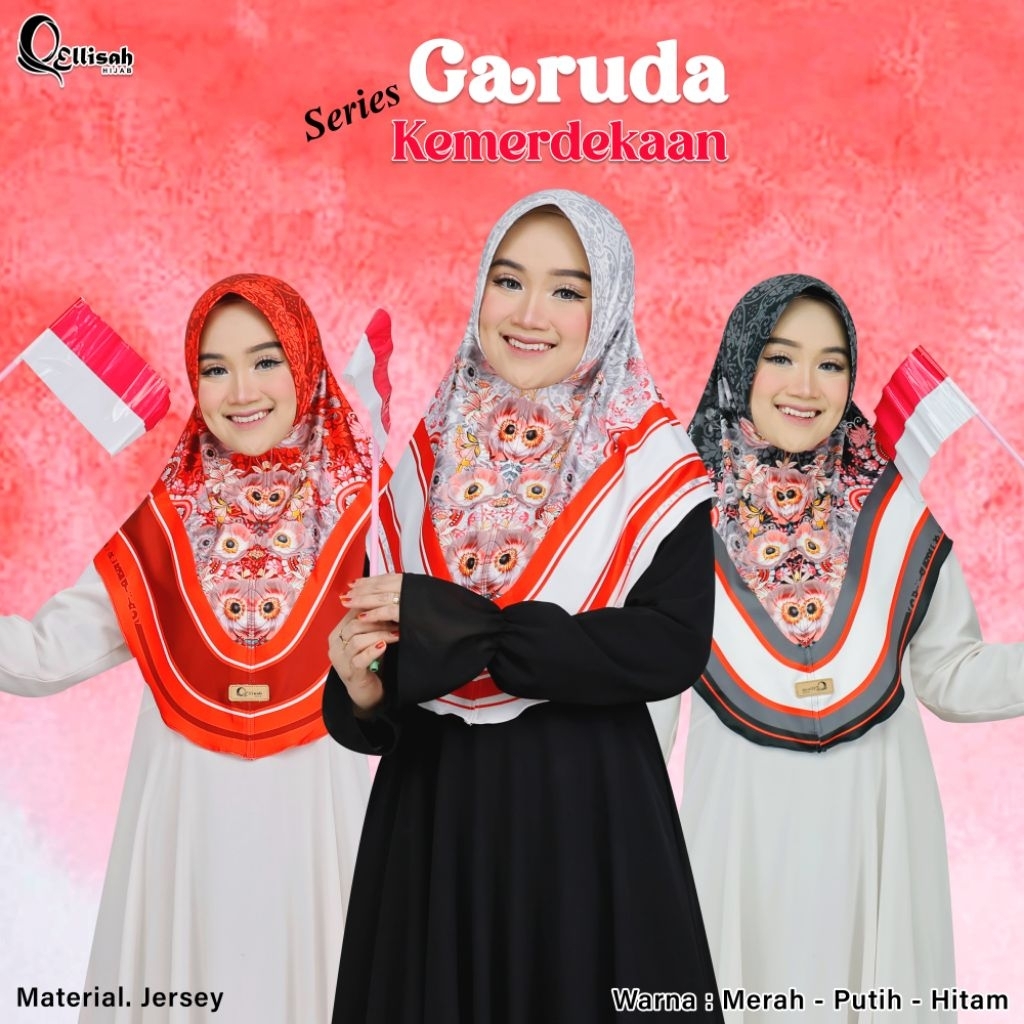 Bergo Jersey Motif Garuda Kemerdekaan | Hijab Instan Merah Putih Hitam | Ellisah Hijab