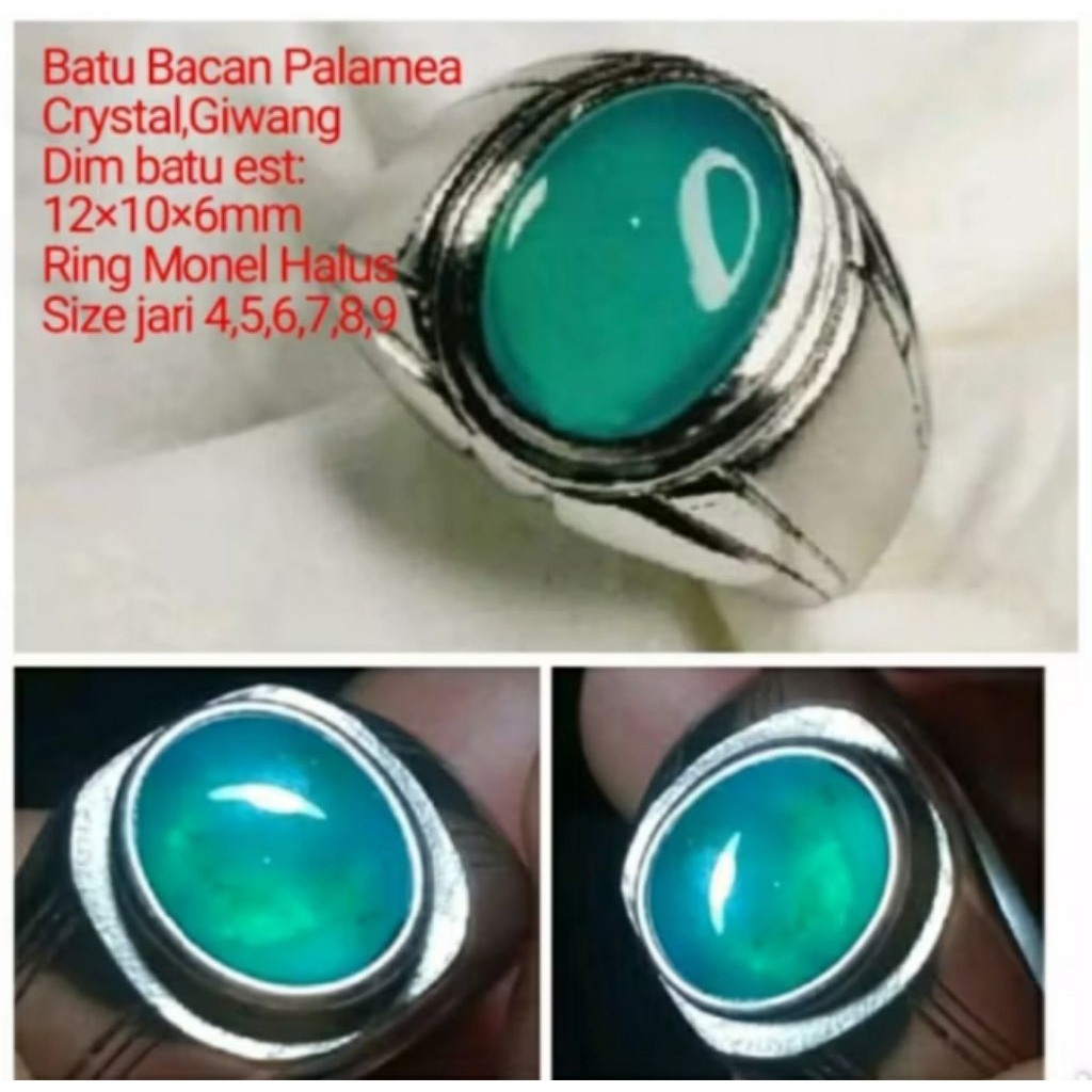 Cincin Batu Asli Bacan Palamea Crystal Dim=12×10×7 Mm Ring Alpaka Super Size Jari 6 - 11