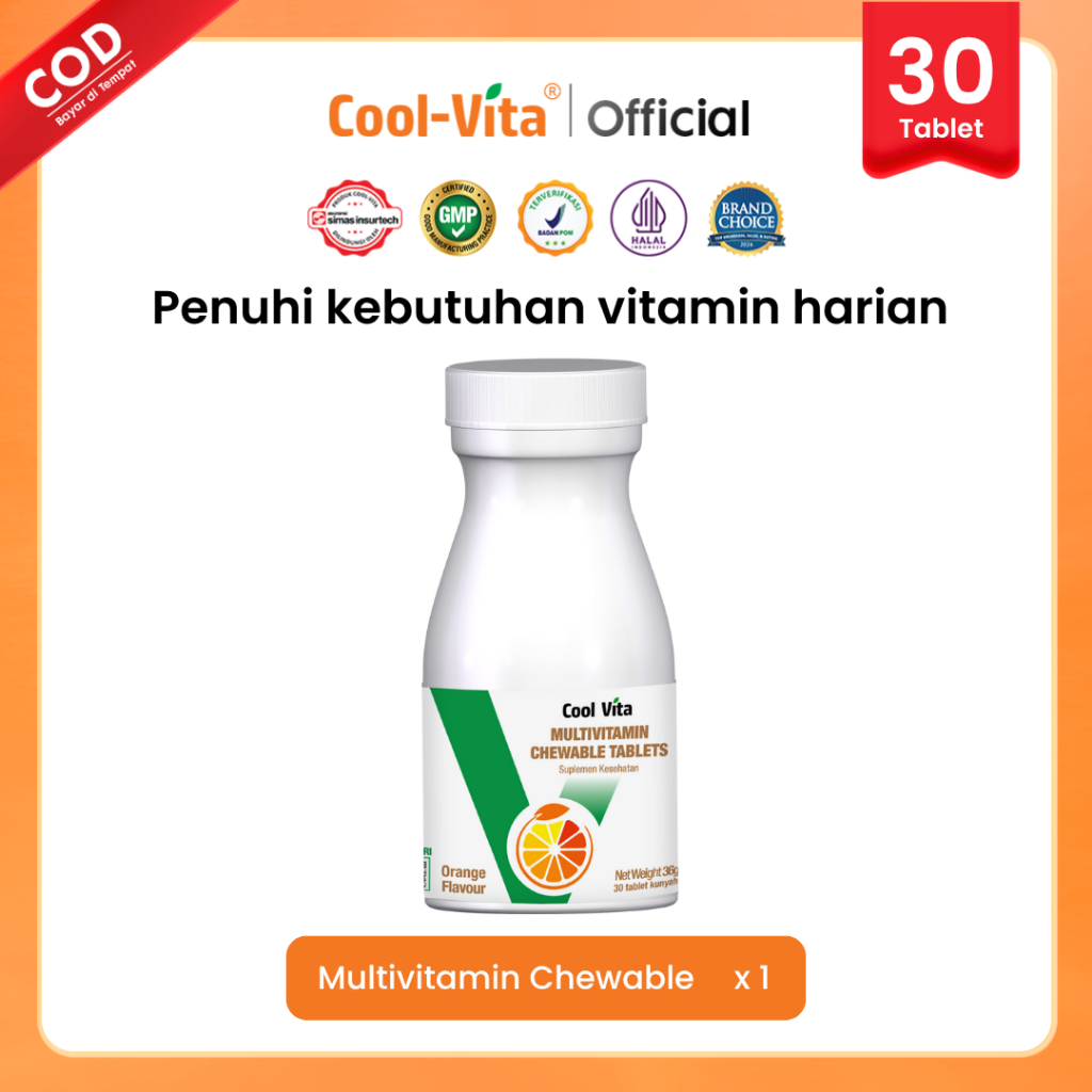 Coolvita Multivitamin Chewable Orange 1 Botol 30 Tablet - Suplemen Kunyah Rasa Jeruk untuk Membantu 