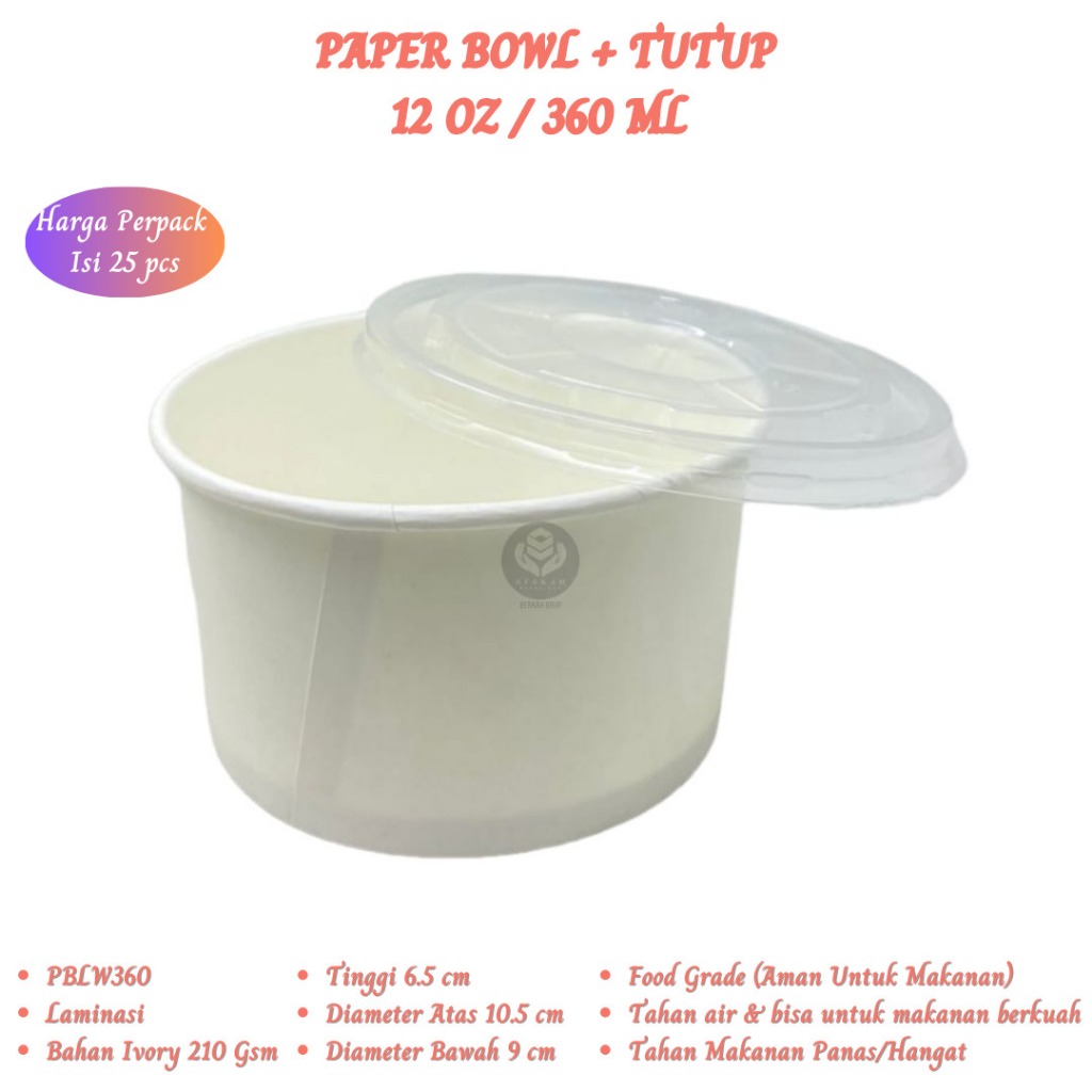 Paper Bowl 360 Ml Plus Tutup Mangkok Kertas (Isi 25 Pcs-PBLW-360)