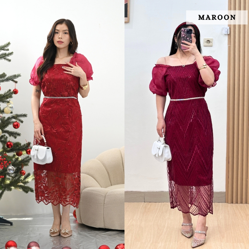 AUVESION Meral Square Neck Slit Brukat Midi Dress Brukat 6030 | Dress Natal Gaun Wanita Elegan