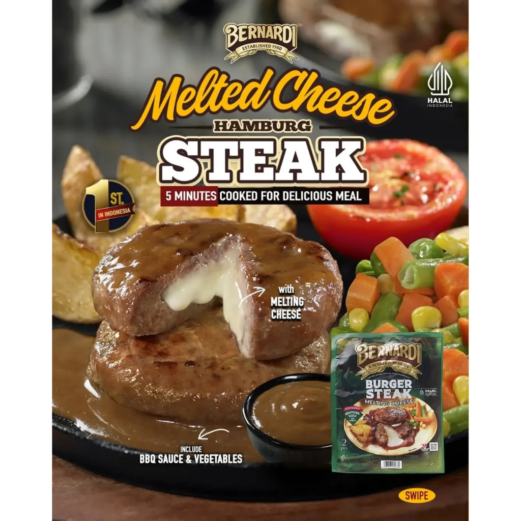 

BERNARDI Burger Steak Melting Cheese 2 Porsi Ready to Cook - Kheiza Frozen