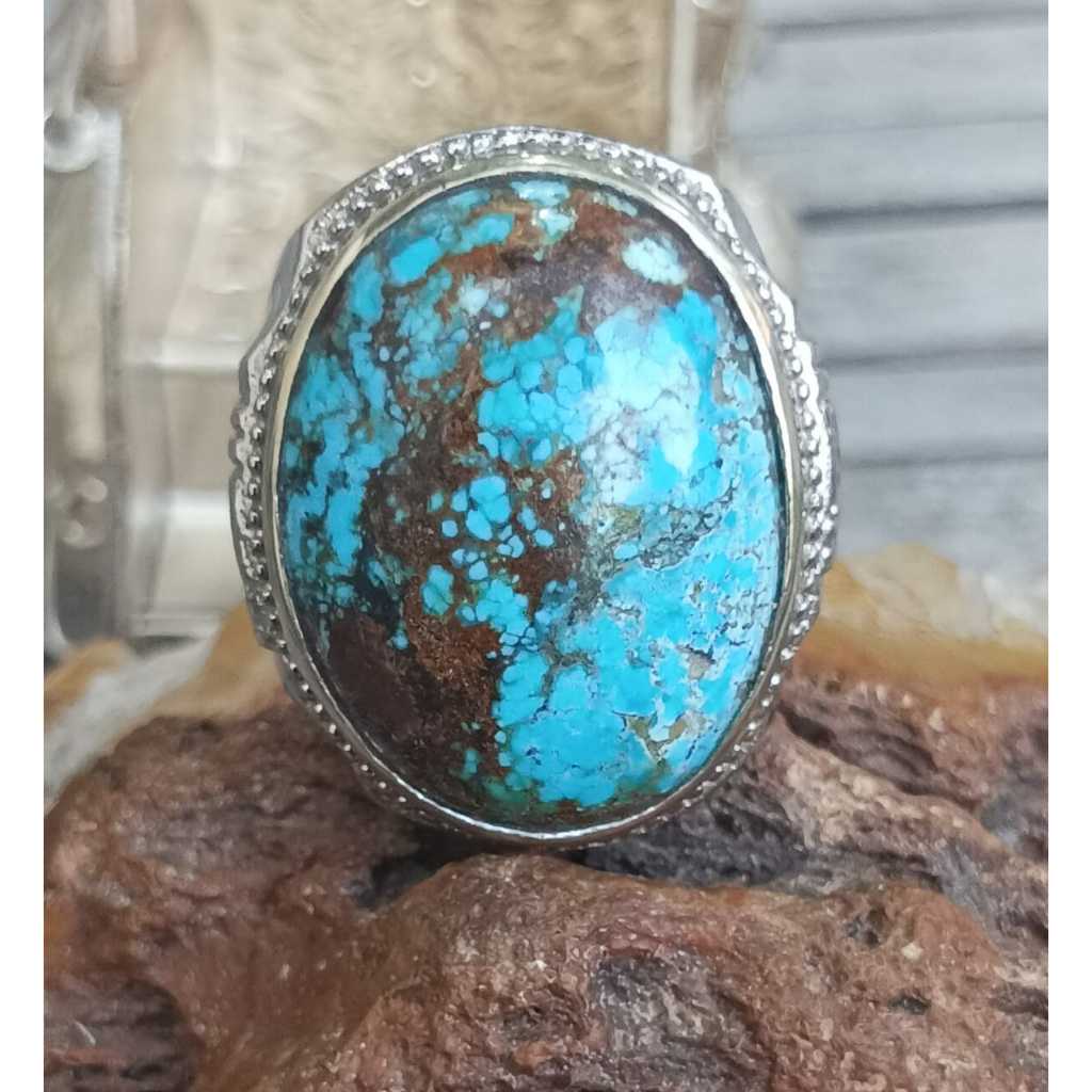 Natural Pirus Persia Biru Urat Merah Bata Big Size Ring Alpaka Super