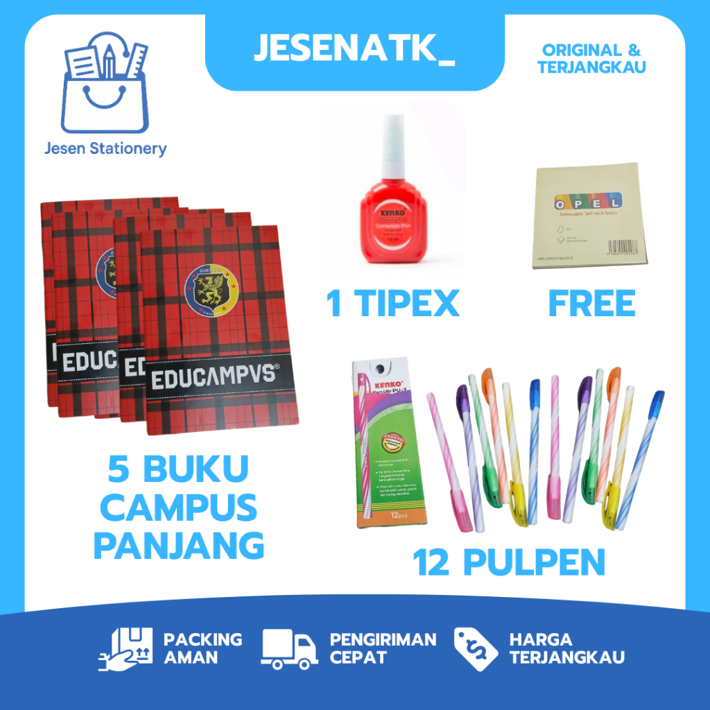 

PAKET ANAK SEKOLAH 18 IN 1 BUKU CAMPUS 5+ PULPEN 1 LUSIN + 1 TIPEX CAIR KENKO FREE MEMO