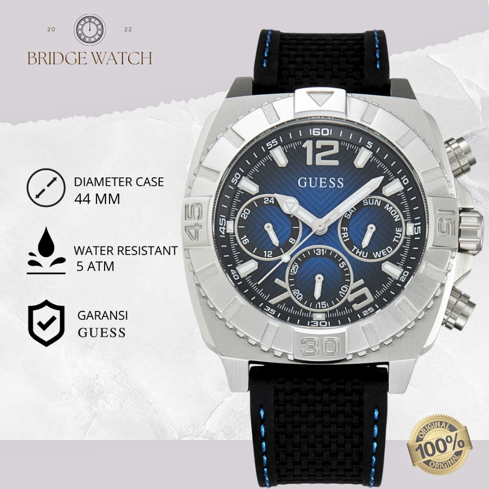 Jam Tangan Pria Guess GW0801G1 Chronograph Black Rubber Strap Hitam Silver Case Blue Dial Case Mewah
