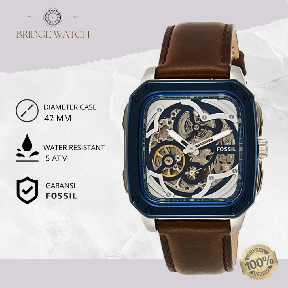 Jam Tangan Pria Fossil BQ2571 Original Inscription Automatic Analog Brown Leather Strap Kulit Cowok 