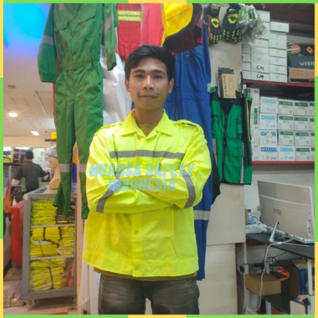 Baju Atasan Safety Proyek Lengan Panjang Warna Hijau Stabilo