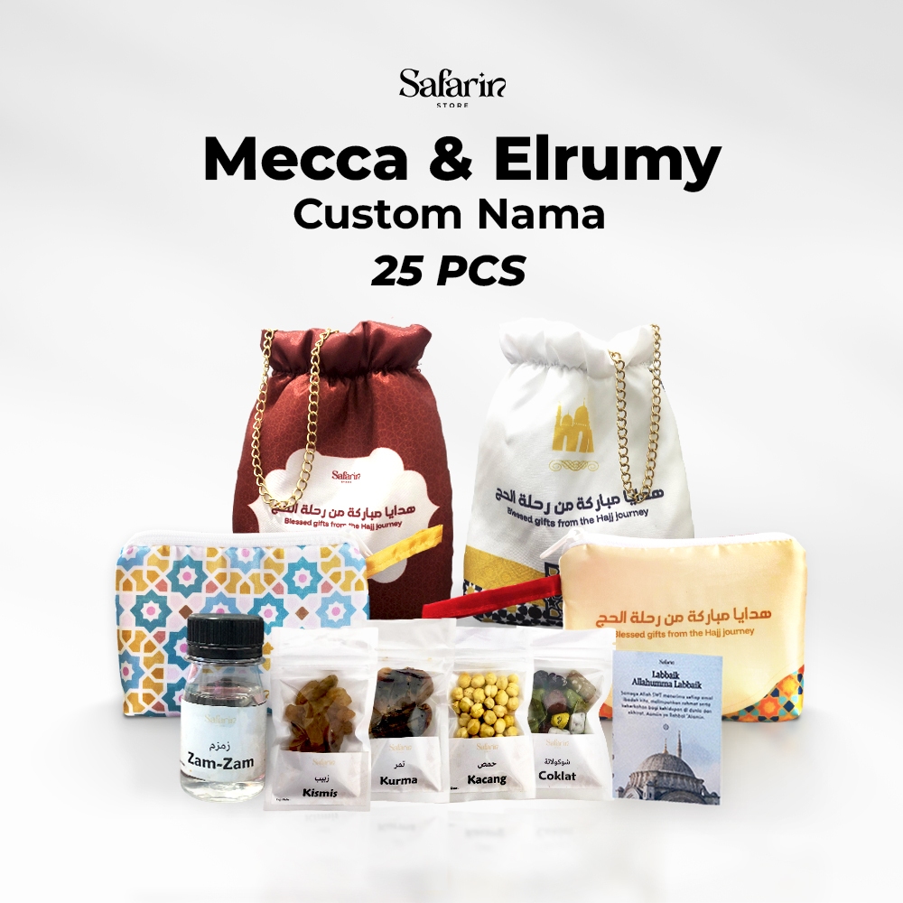 

Oleh-oleh Haji dan Umroh Souvenir Umrah Pouch Free Custom Nama 25 Pcs Mecca & Elrumy