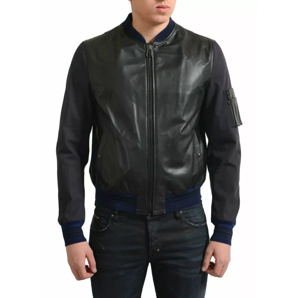 Lanvin Italy Leather Mix Cotton Bomber Jacket

