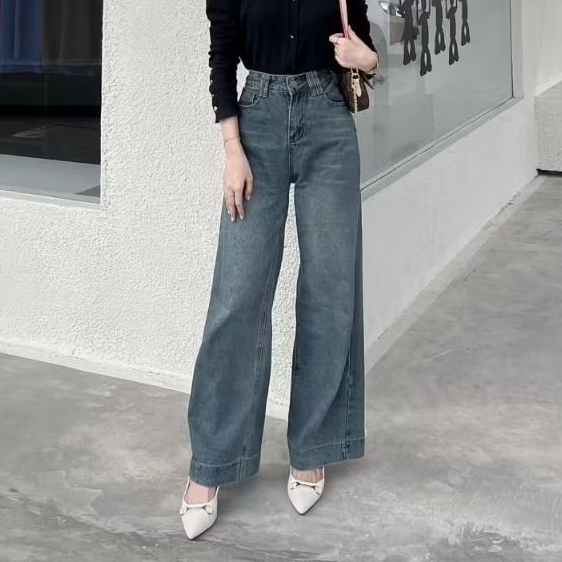 Celana Jeans Wanita Loose Highwaist Celana Jeans Pinggang Tinggi Korean style Celana Kulot Wanita