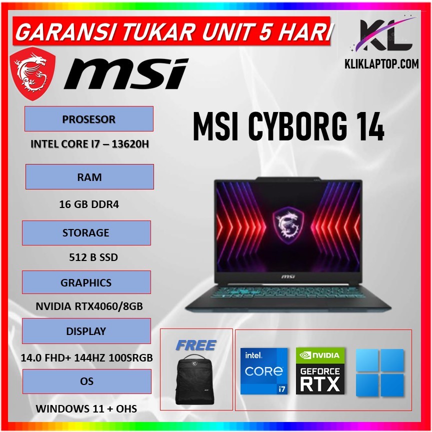 MSI CYBORG 14 I7 13620H RTX4060 8GB/ 16GB 512GB W11+OHS 14.0FHD+ 144HZ 100SRGB
