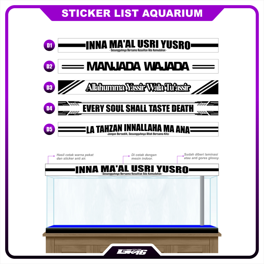 Sticker Skotlet Lis Aquarium Hiasan Aquarium Kaca Depan Anti Air Hitam Putih