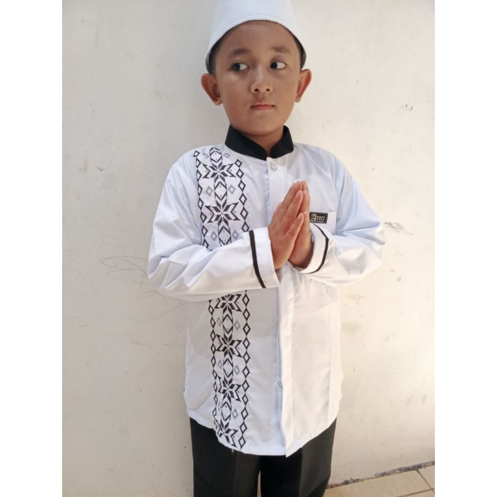 Koko Hitam Putih Anak Full Kancing/Baju Madrasah, Sekolah Hitam Putih Lengan Panjang By Arori Fashio