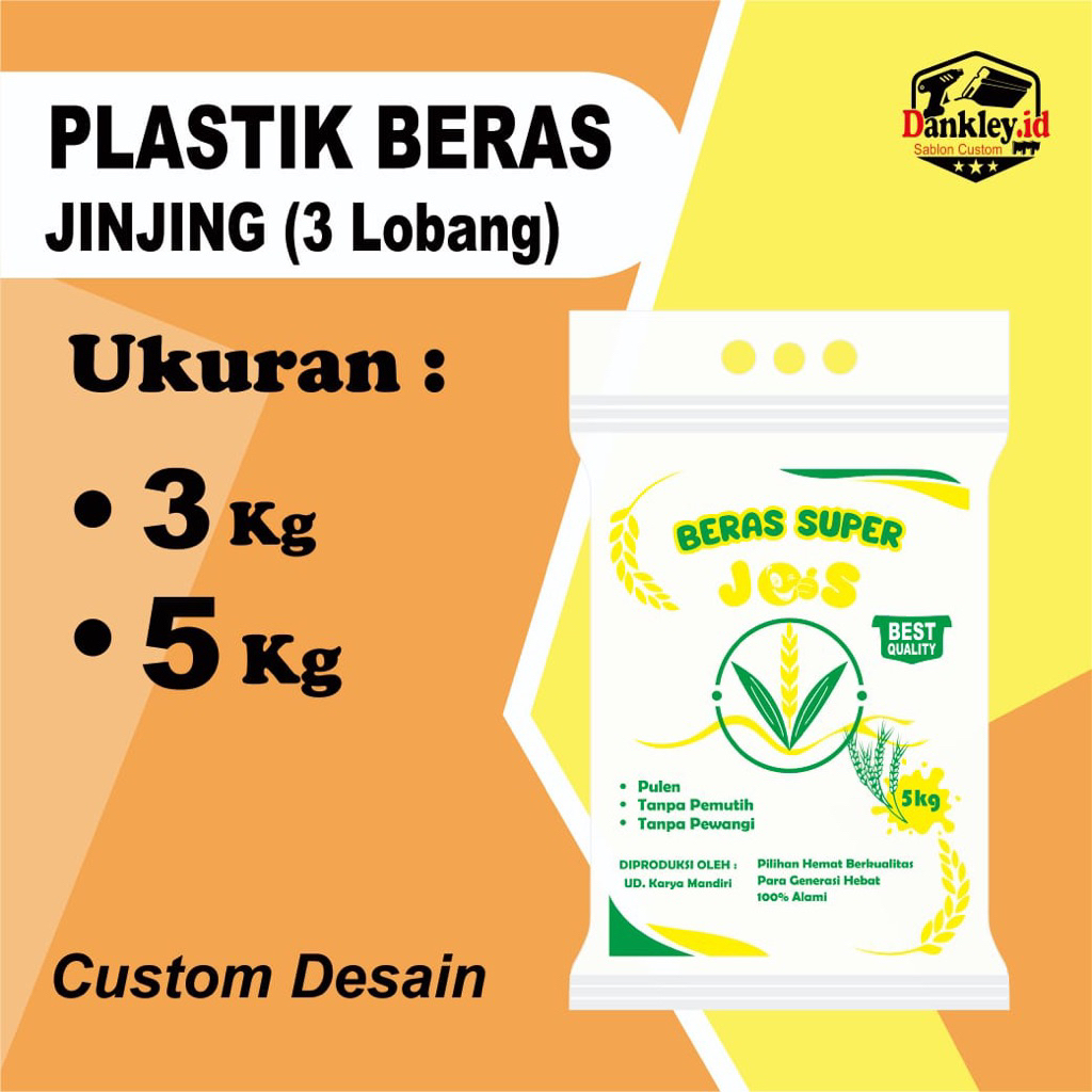 Plastik Beras Jinjing Lobang 3 Jari Sablon custom 3 Kg , 5 Kg