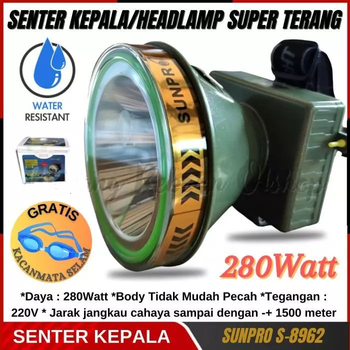 Senter Kepala LED Selam Diving 280 Watt Tahan Hingga 12 Jam Pemakaian Sunpro S-8962 Cahaya Putih Sup