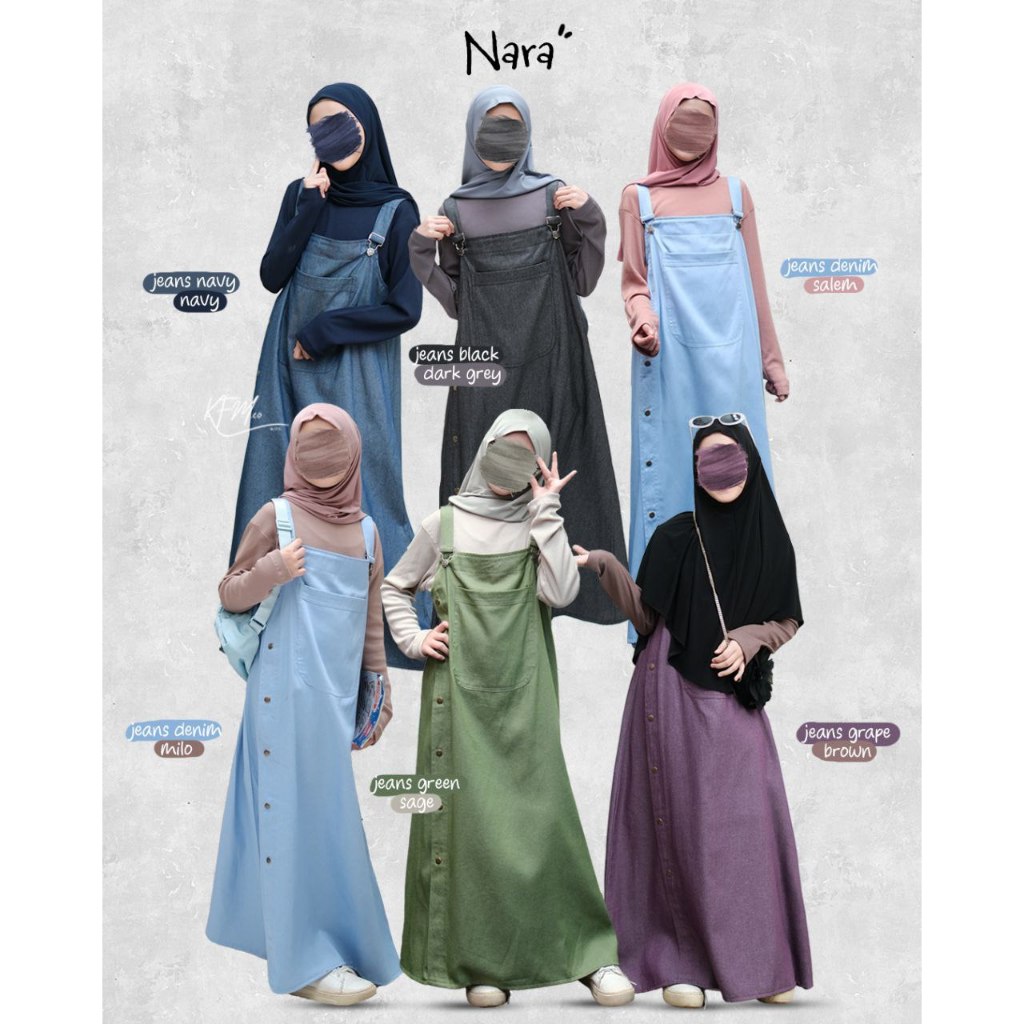 [READY] KFM | Nara Overall Kaos Baju Set Gamis Syari Polos Navy Biru Denim Salem | Aalifa Bergo Hija