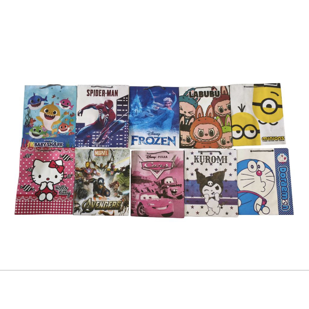 

Tas kertas kartun paper bag ultah r6 karakter baby shark, Kuromi Avengers Spiderman Labubu Minion Hello Kitty Doraemon