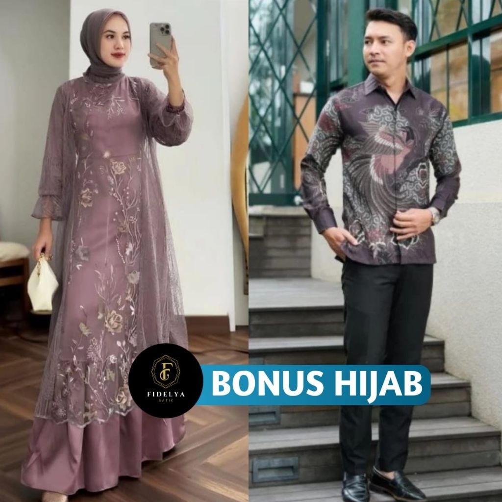 (ADA JUMBO) Batik Couple Gamis Brokat Terbaru Couple Kondangan Couple Tunangan Modern Jumbo,Dress Br