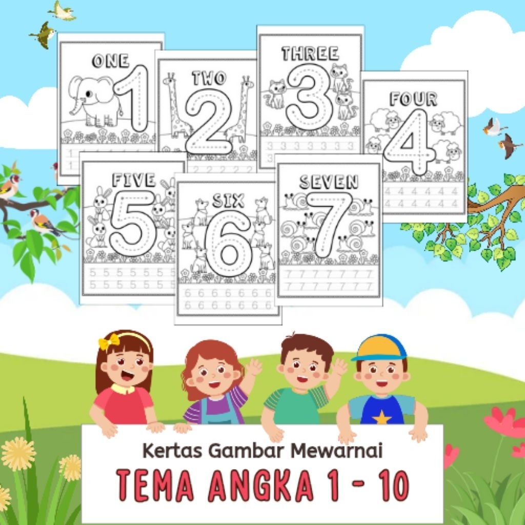 

20 LEMBAR KERTAS MEWARNAI ANAK TEMA ANGKA BILANGAN 1 - 10 (READY LANGSUNG KIRIM)