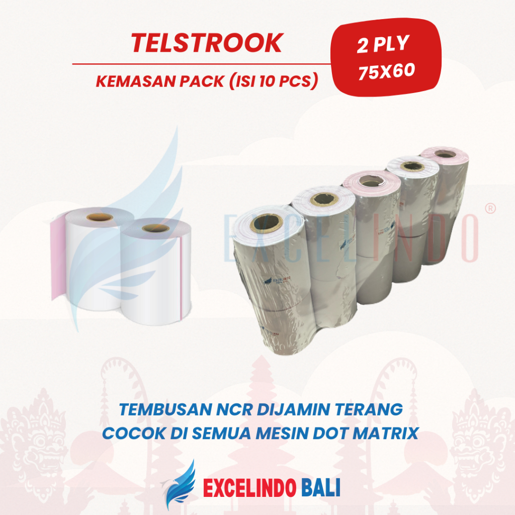 

(ISI 1 PACK/ 10 PCS) Excelindo Kertas Struk / Telstruk / Kertas Kasir 2 ply NCR Dot Matrix 75x60