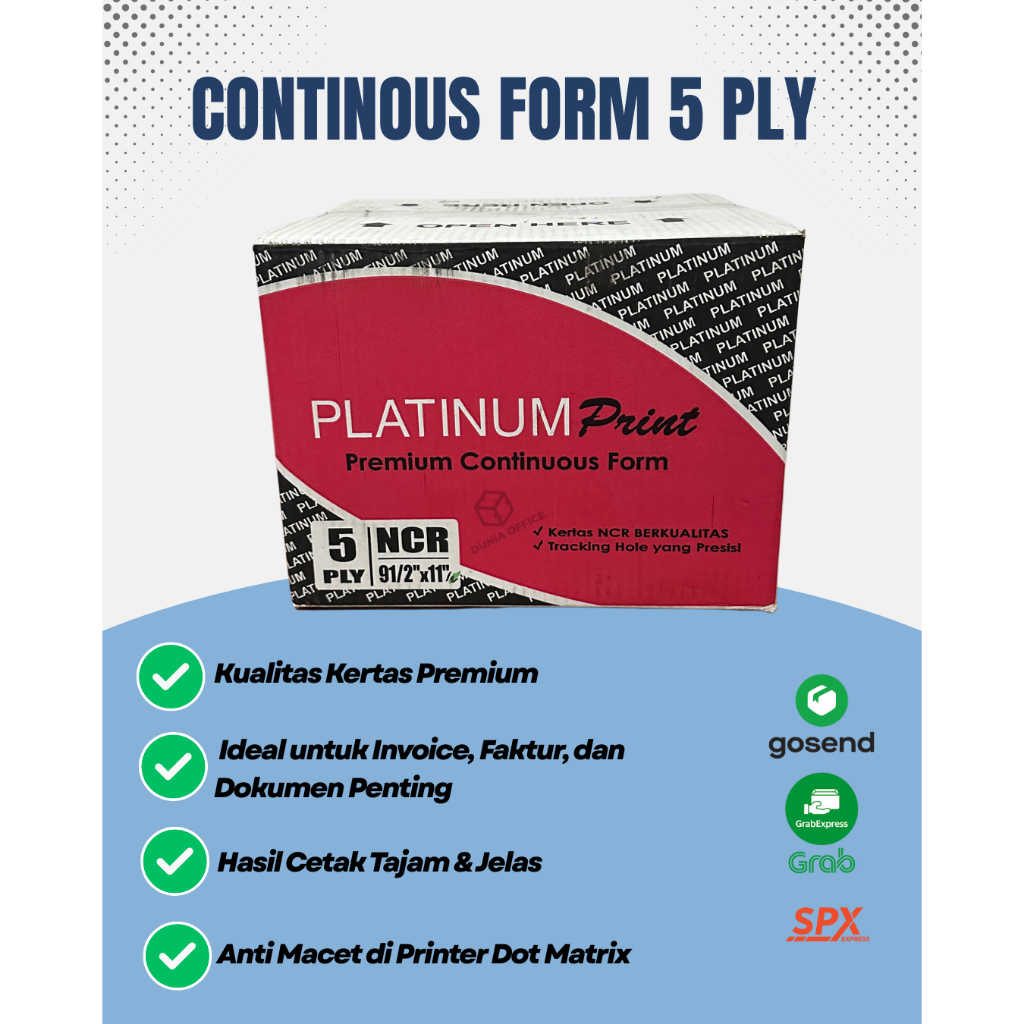

Kertas Faktur Continuous Form 5 Ply dan 5 Ply bagi 2 ukuran 9½ x 11 merk PLATINUM