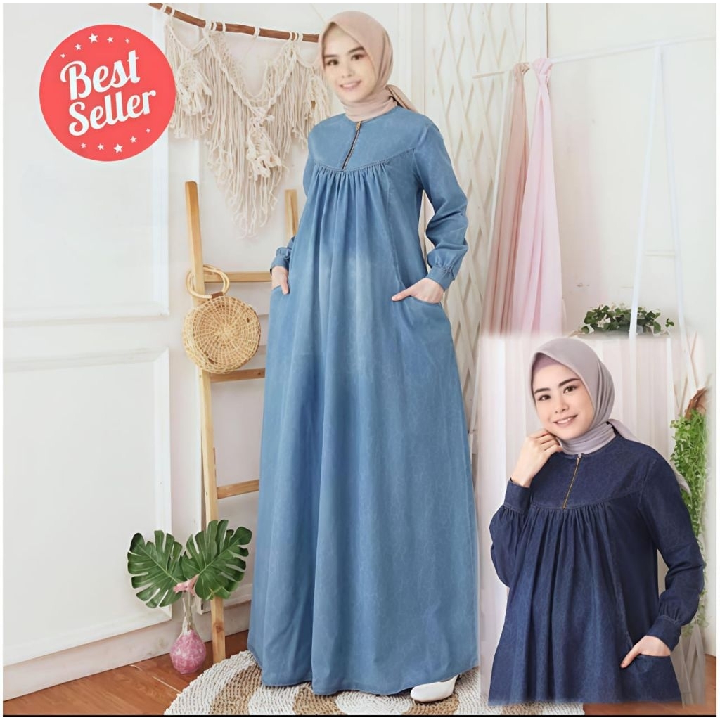ALL KEY - Gamis jeans sleting//Gamis jeans busui//Gamis jeans polos//Gamis jeans premium/Gamis jeans