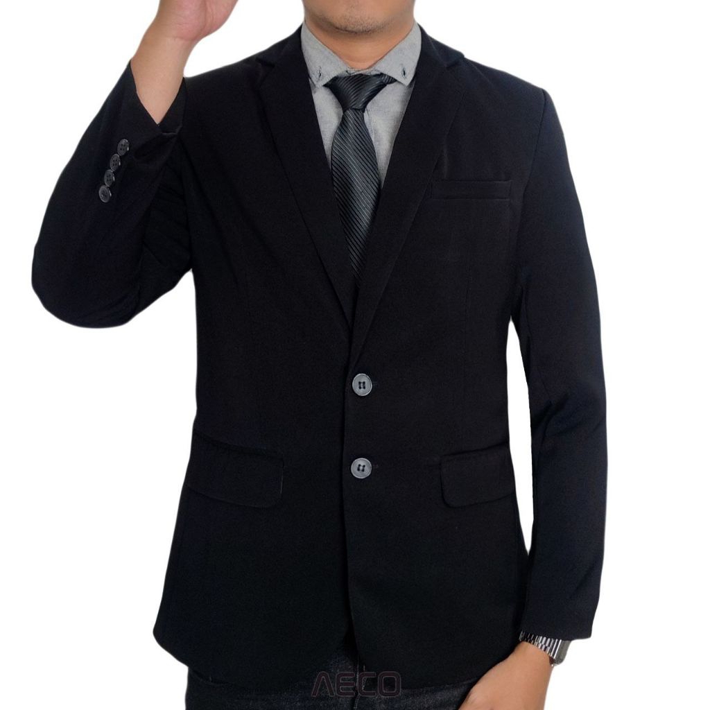AECO Jas Pria Slimfit Formal Spy JetBlack Belahan dua