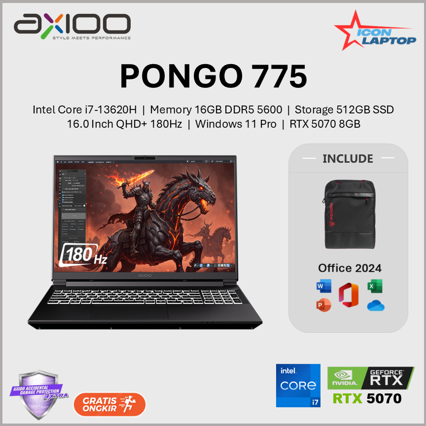 Axioo Pongo 775 Core i7-13620H RTX 5070 RAM 16GB 512GB SSD 16.0" QHD+ 180Hz Win 11 Pro