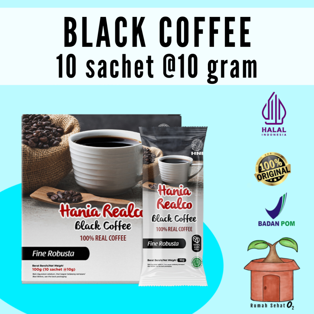 

Hania Realco Black Coffe Kopi Hitam Bubuk Fine Robusta HNI HPAI 10 sachet 10 gram 100% Asli