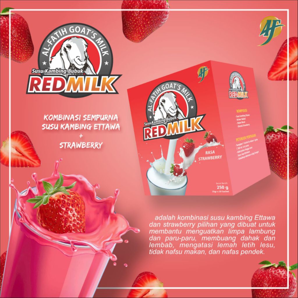 

Redmilk – Susu Kambing Etawa Rasa Stroberi | Menguatkan Limpa, Lambung, Paru | Isi 10 Sachet