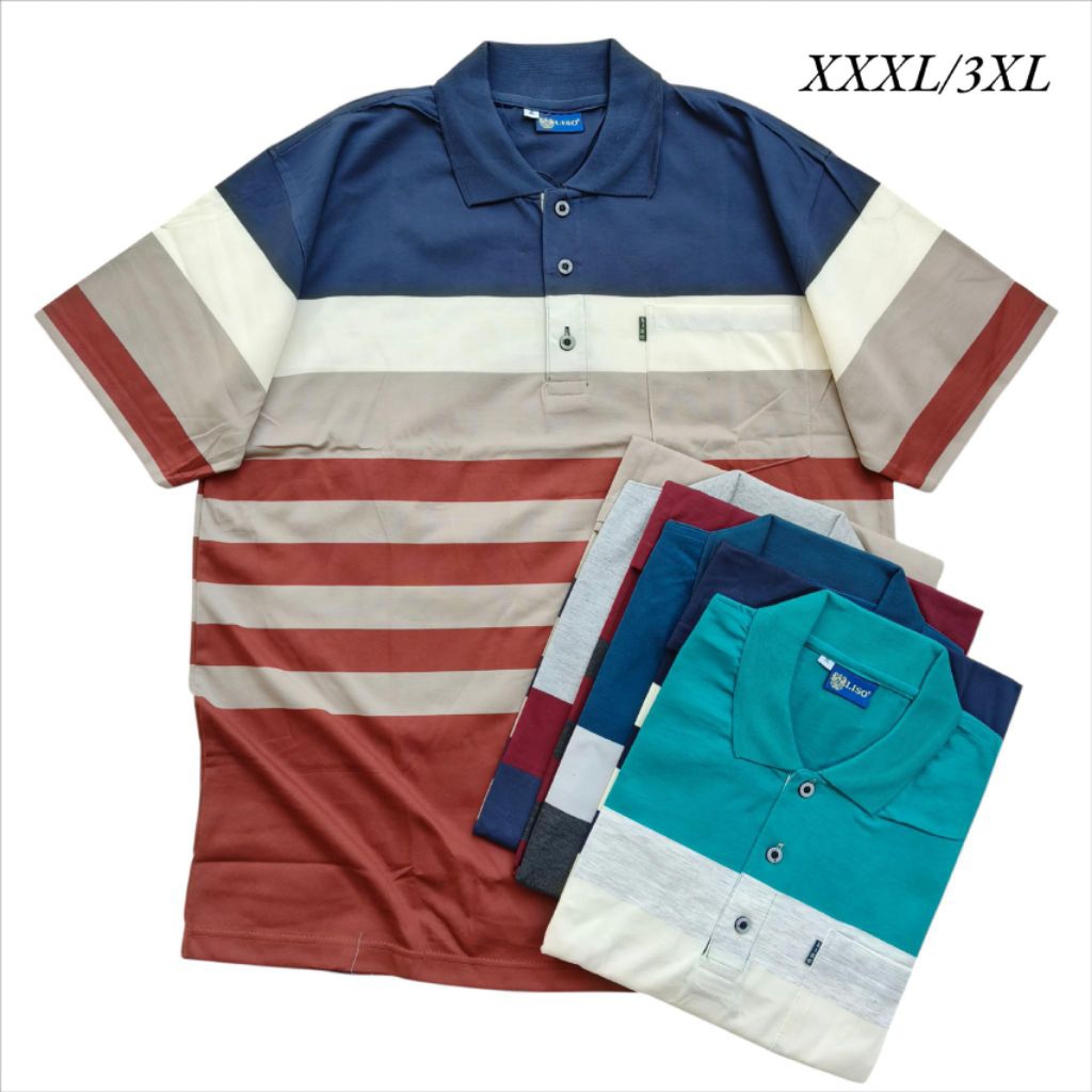 kaos kerah pria dewasa motif salur jumbo saku lengan pendek bigsize/xxxl