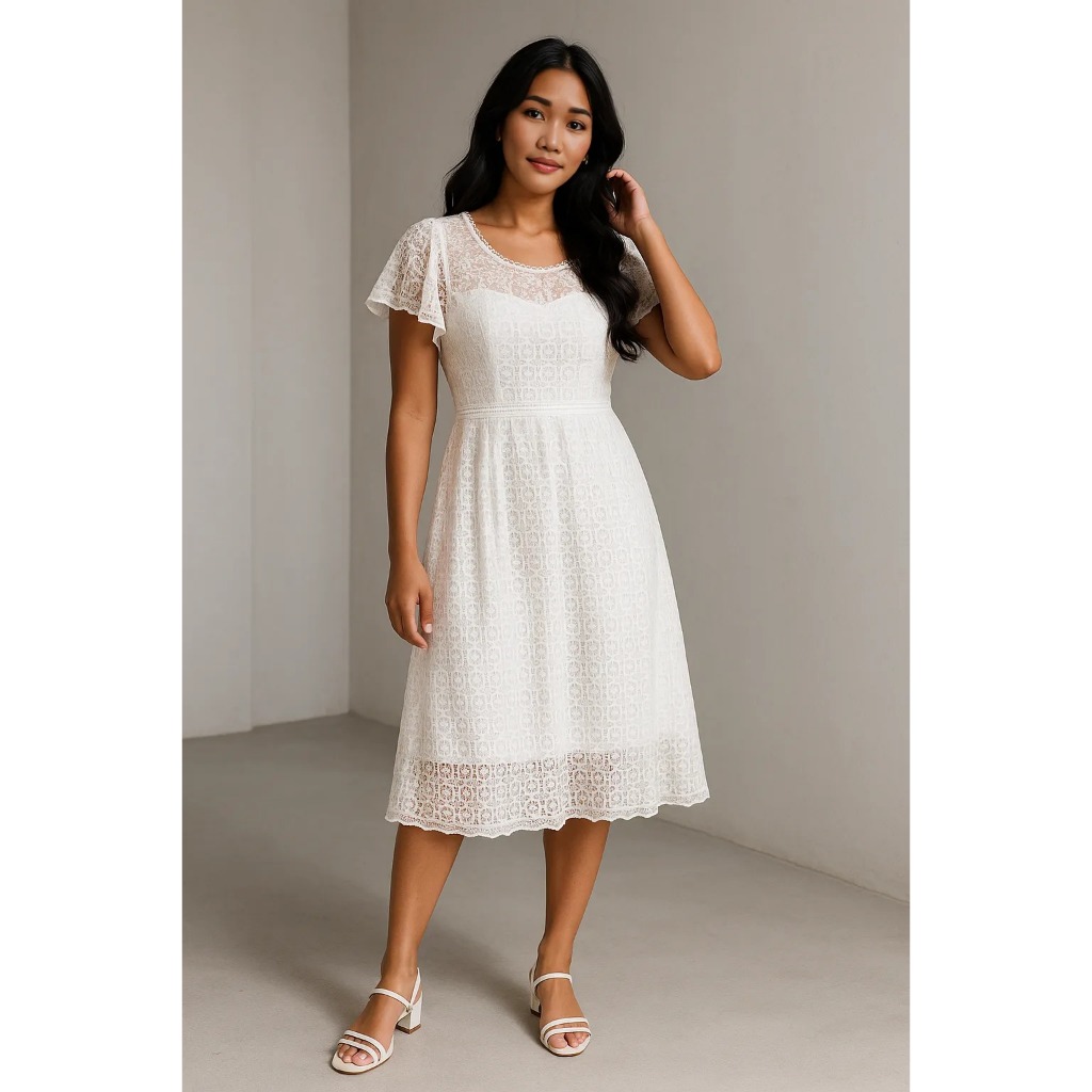 Dress Brokat Wanita Warna Putih Elegan Lengan Pendek – Gaun Pesta Casual Formal