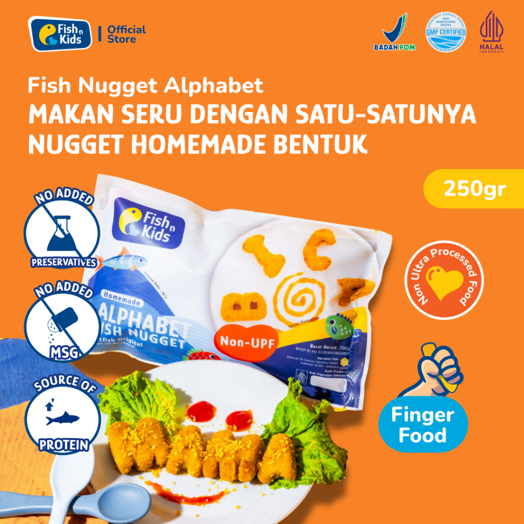 

Fish n Kids - Nugget Lele Bentuk Alfabet 200 gr Non MSG - Homemade Non UPF BPOM HALAL