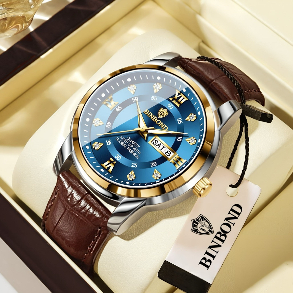 BINBOND Jam Tangan Pria Kulit Original 100% Tahan Air Analog Quartz Diamond Fashion Men Watch COD