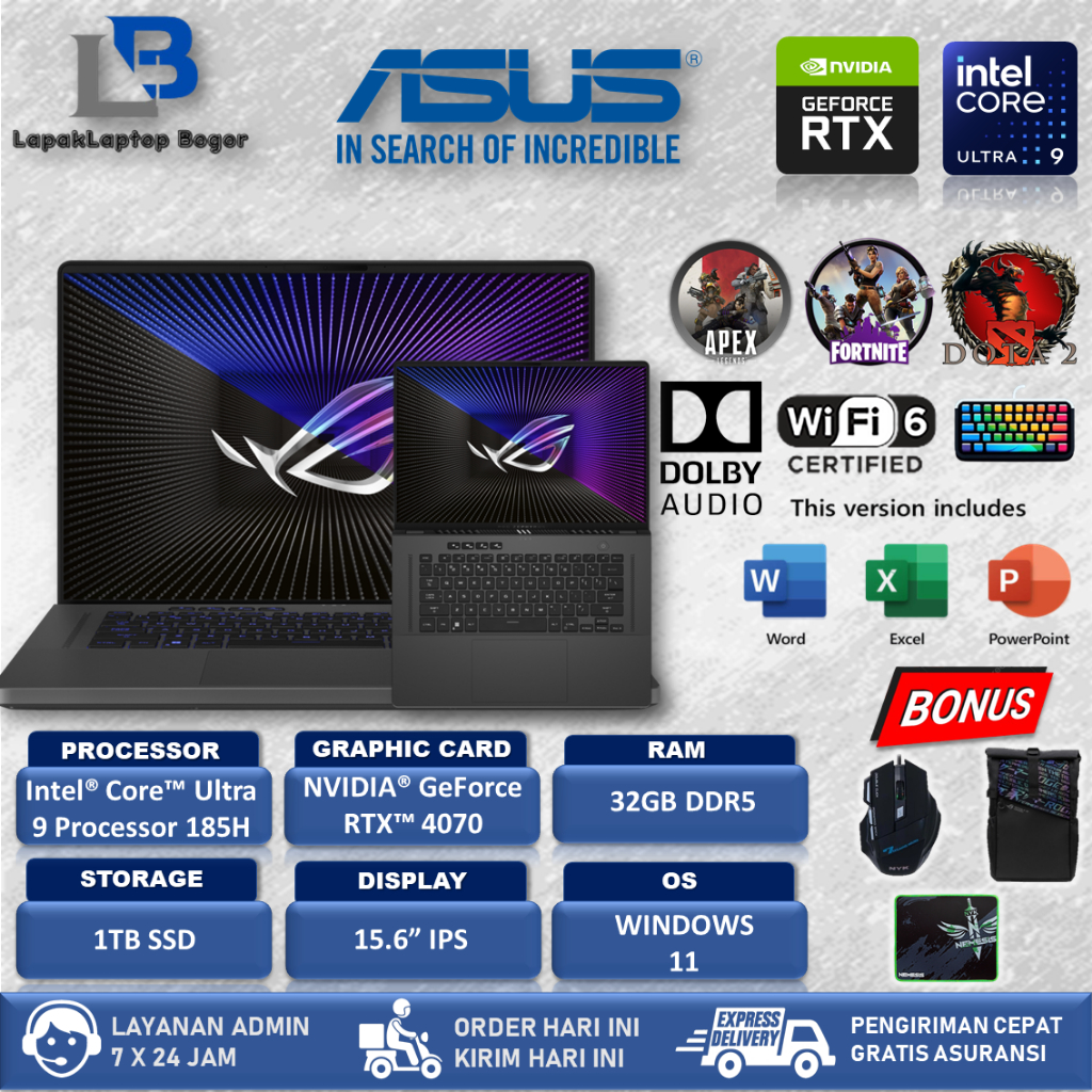 Laptop Asus Rog Zehpyrus G16 Intel Core Ultra 9 16GB DDR5 2TB RTX4070-8GB 16.0 OLED WQXGA  RGB WIN11