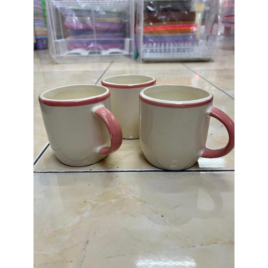 MUG GUCI PINK PUTIH WHITELINE / Cangkir Gagang Keramik Whiteline Jumbo