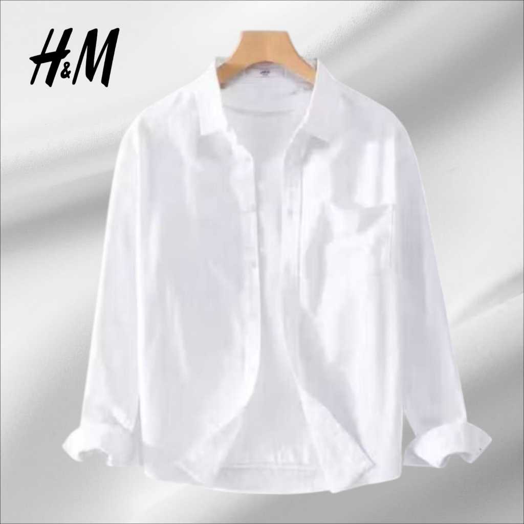 Kemeja Pria H&M Putih Lengan Panjang Atasan Cowok Best Seller