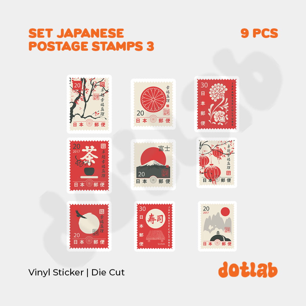 

DOTLAB STICKER PACK SET JAPANESE POSTAGE STAMP 3 (9 PCS) | Sticker Tumbler |Stiker Laptop Koper Helm