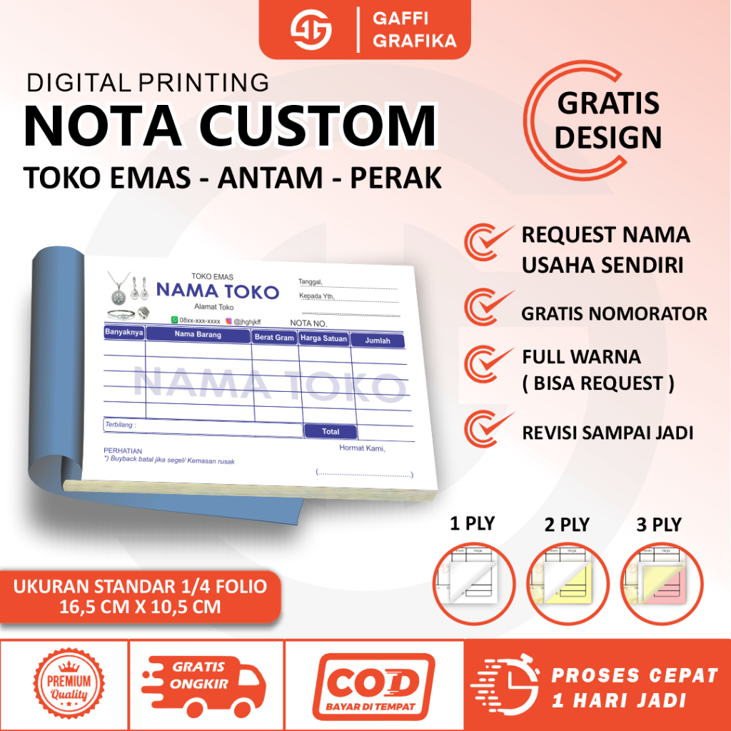

Nota custom perhiasan emas 2 ply 1 ply gratis design full warna ukuran 1/4 folio kwitansi kosong