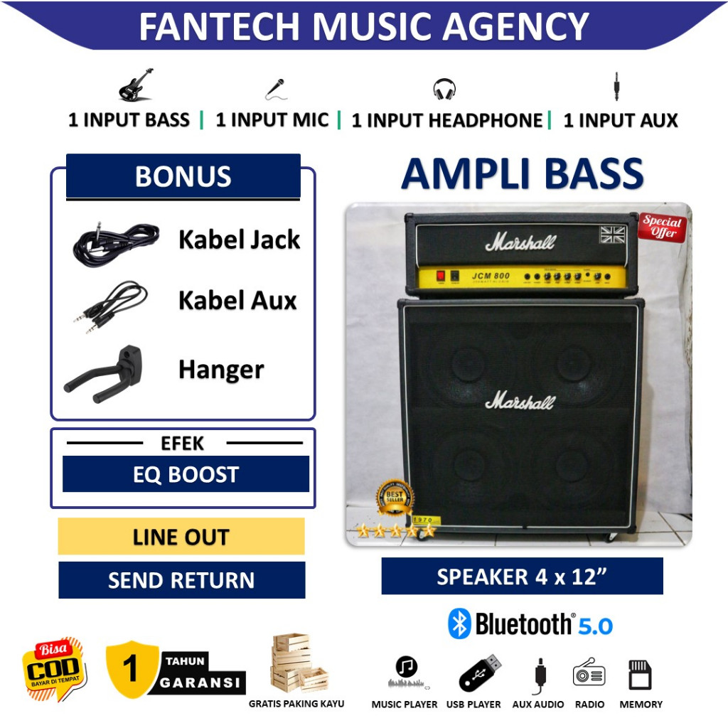 Ampli Bass & Gitar 4x12 Inch Bluetooth bisa untuk karaoke Marshall 3 Input Head Cabinet Bonus Kabel 
