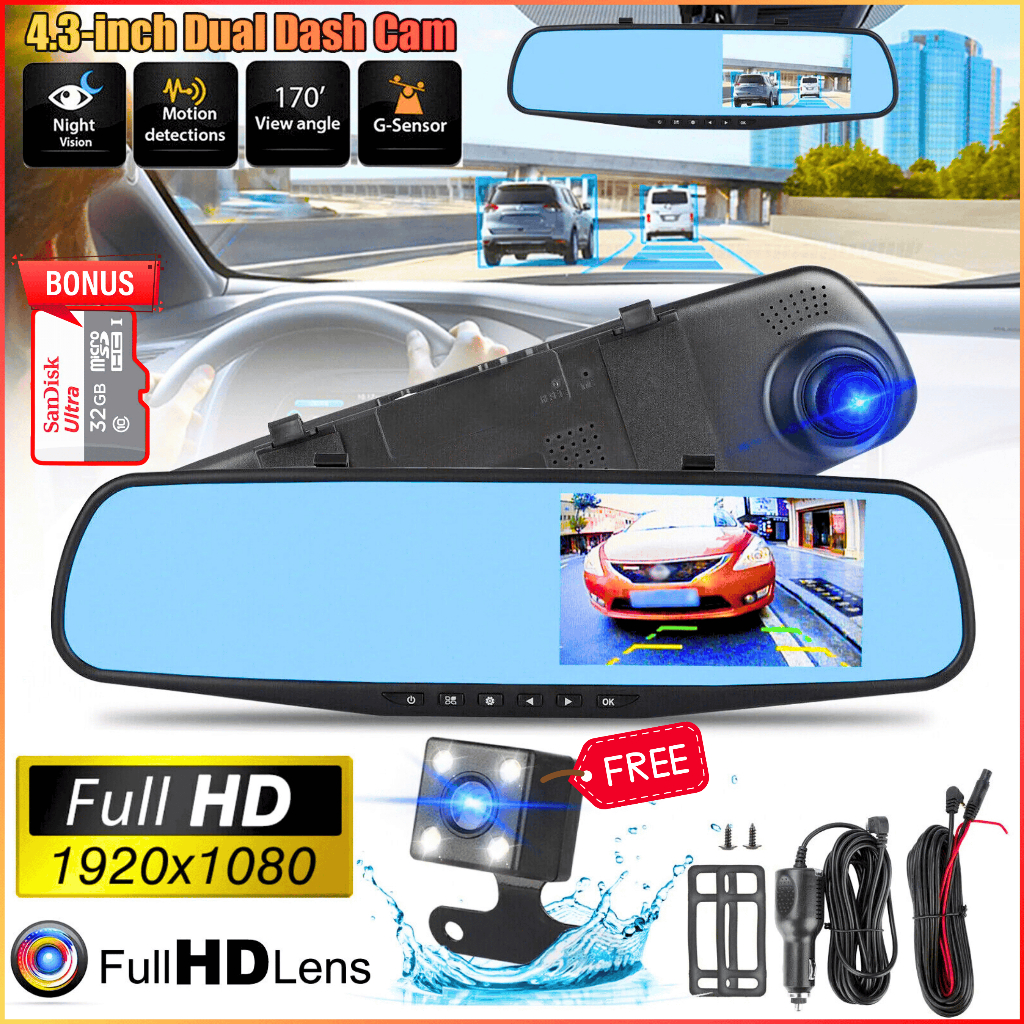 COD Kamera Dashcam Mobil Depan Belakang Kaca Spion Rear View DVR Dual 1080P 4.3 Inch + SD Card 32GB