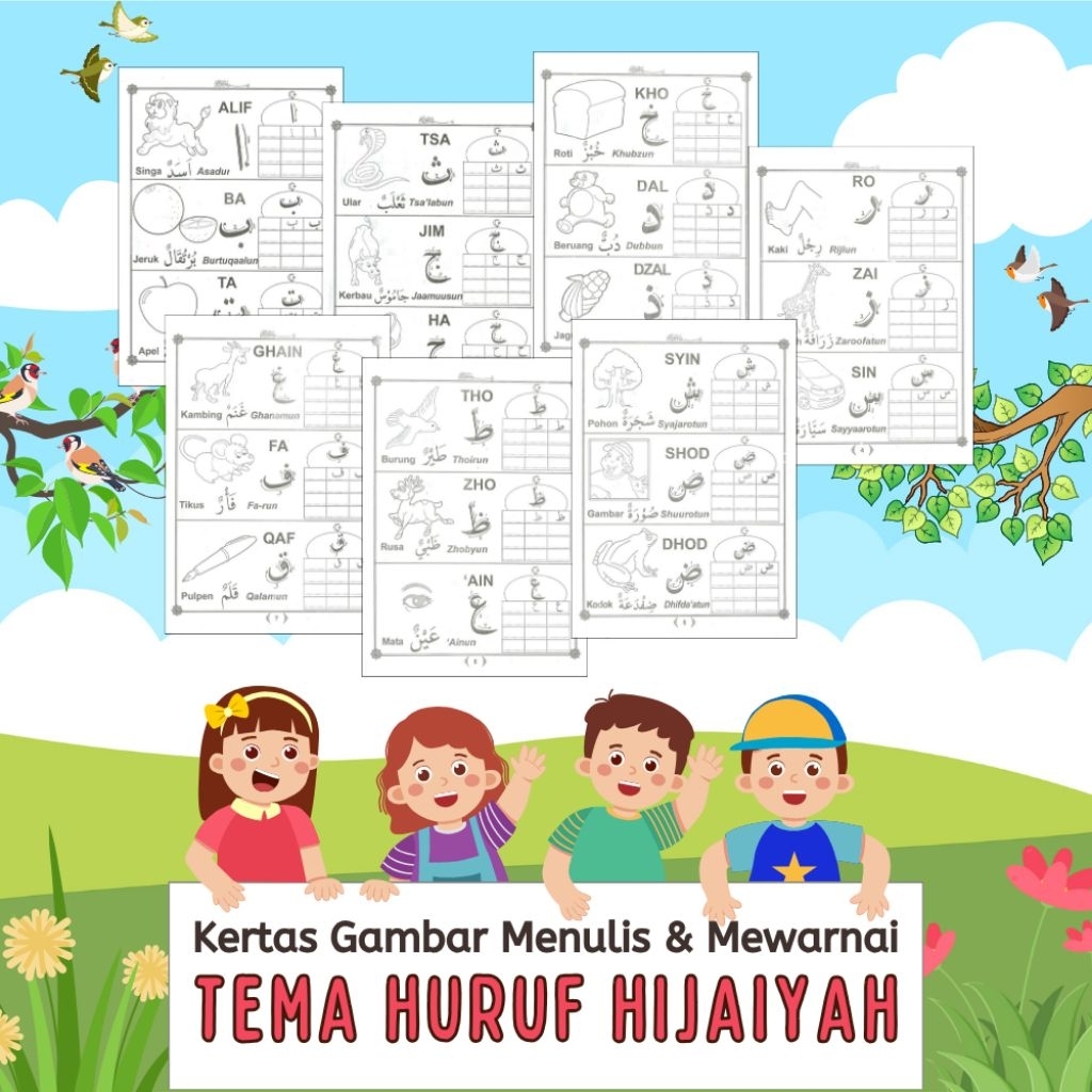 

12 LEMBAR KERTAS MENULIS MEWARNAI ANAK TEMA HURUF HIJAIYAH (READY LANGSUNG KIRIM)