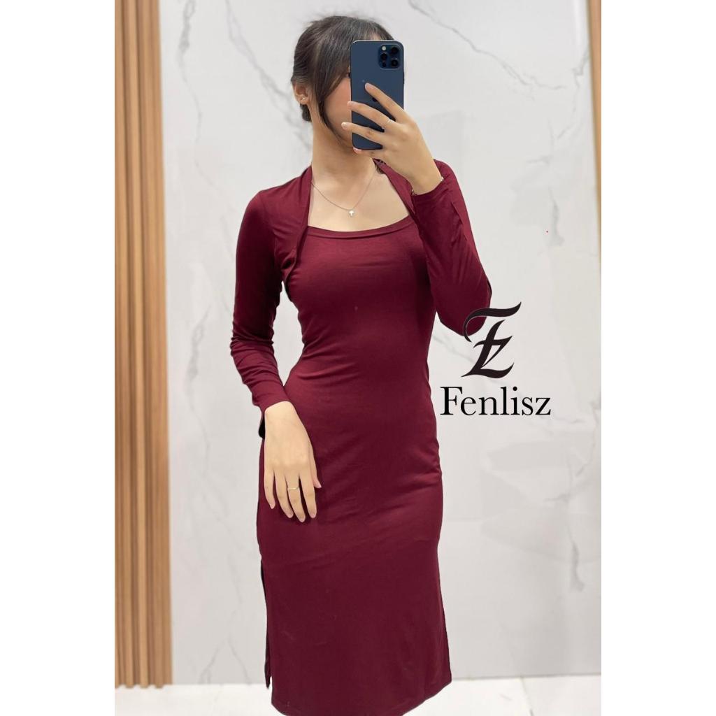 FenLisz Fashion / Dress Korean Style Lengan Panjang Wanita - Dress Square Neck Bodycon / Korean Midi